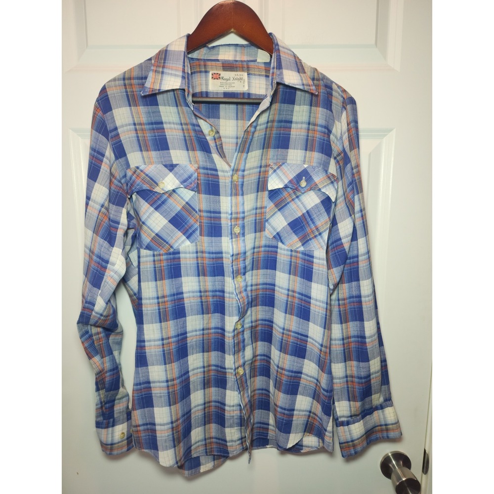 Vintage 70s Royal Knight Plaid Shirt Mens Large Blue Paper Thin Button Down L